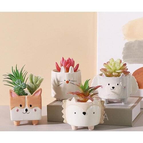 Cute Hedgehog Rabbit Ceramic Flowerpot Succulent Planter Balcony Garden Decor