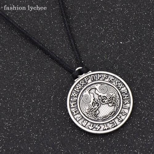 Fashion lychee Retro Two Crows Rune Round Pendant Geometric Necklace Black Rope Chain Jewelry Gift Necklace For Boyfriend