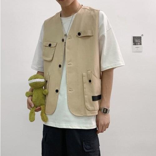 Mens Vest Multi-pocket Waistcoat Veste Cotton Sleeveless Jacket Coat Men Khaki Black Streetwear Hip Hop Clothing gilet homme