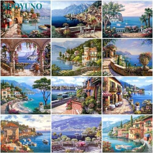 SDOYUNO Harbor Scenery Paint By Numbers Kits DIY 60x75cm Oil Painting By Numbers On Canvas Seascape Frameless Home Decor