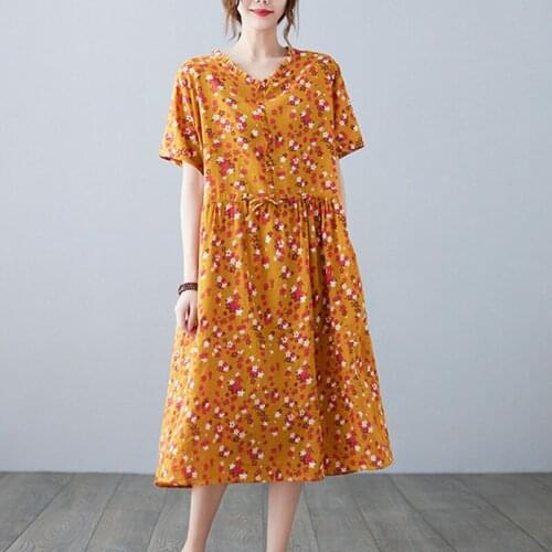 Edible Tree Fungus Fashion Women Dress Soft Cotton Linen Print Floral Dress Draw String Slim Lady Travel Casual Summer Dress