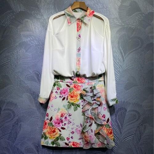 Seifrmann Women Summer Fashion Designer Skirts Set Long Sleeve Loose Blouses + High Waist Ruffles Print Skirts 2 Two Pieces Suit