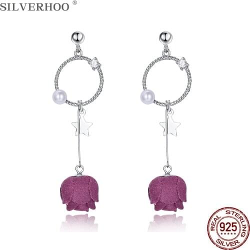 SILVERHOO Genuine 925 Sterling Silver Star Rose Flower Drop Earrings For Women Circle Cubic Zirconia Earring Silver Jewelry
