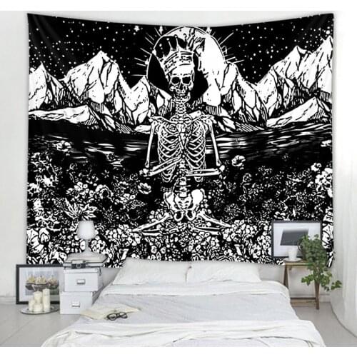 Skeleton King Moon Tapestry Meditation in Flowers Mandala Carpet Hippie Divination Tarot Wall Tapestry