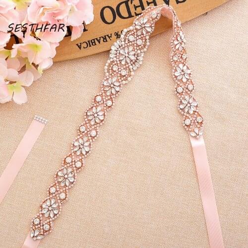 SESTHFAR Rhinestones Wedding Belt Pearls Bridal Belt Applique Rose Gold Crystal Wedding Dress Sash For Bridal Accessories
