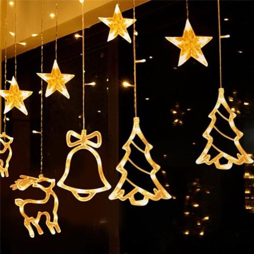 LED Curtain Light String Christmas Tree Bells Stars Multiple Modes Light Outdoor Layout Party Holiday Curtain Home Decoration
