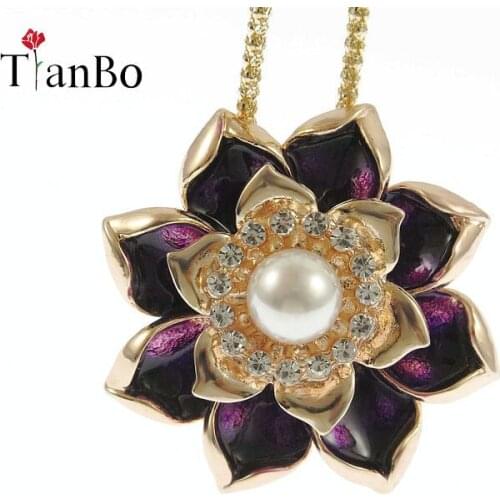 TianBo Purple Rose Flower Necklace Pendant Sweater chain Rhinestone Pearl Enamel Color Rope Chain For Women Party Chic Jewelry