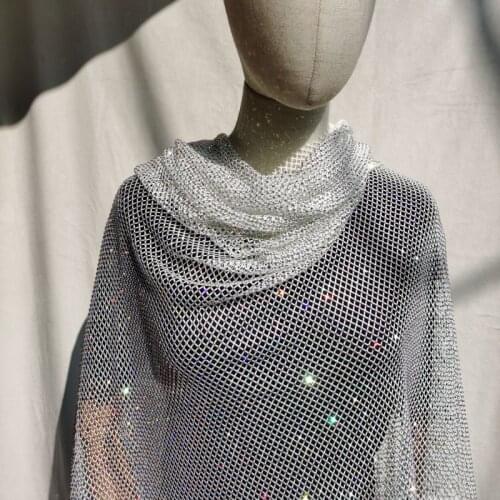 High Quality Elastic Mesh Fabric Net White Crystal AB Classic Diamond Polyester Spandex Rhinestone Trim Hollow Dress Clothes
