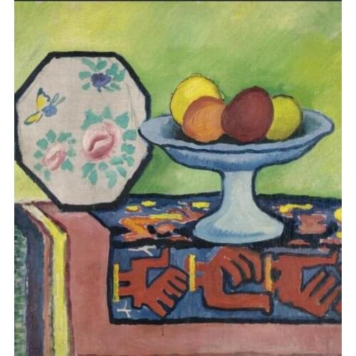High quality Oil painting Canvas Reproductions Still life with bowl of apples and Japanese fan By August Macke hand painted