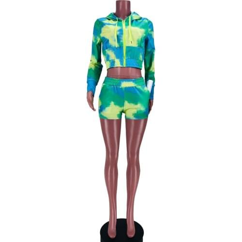 Women Long Sleeve Hoddies Girls Autumn Suits With Cap Tie Dye Green Fleece Sport Suits Casual Hight Waist Shorts Pants Playsuit