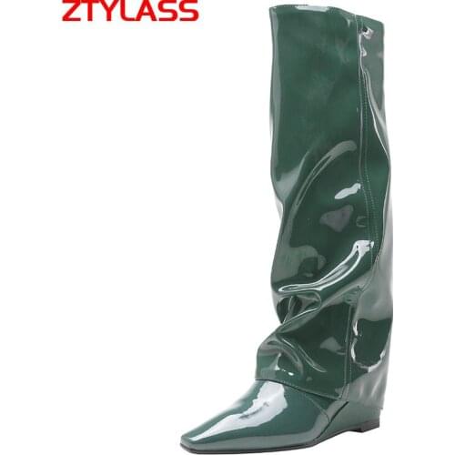 Black Green Wine Autumn Winter Skirt Boots Women Cow Patent Leather Knee High Boots Fashion Zipper Wedges Heel Long Boots