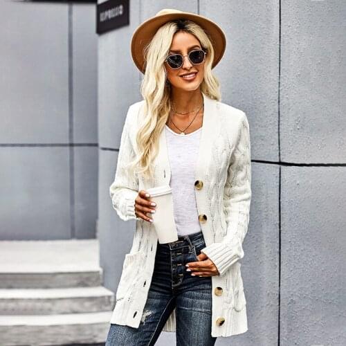 2020 new style Lady big size knit sweater EU NA fashion long loose women casual Black Colorblock Button Pocket Knit Cardigan