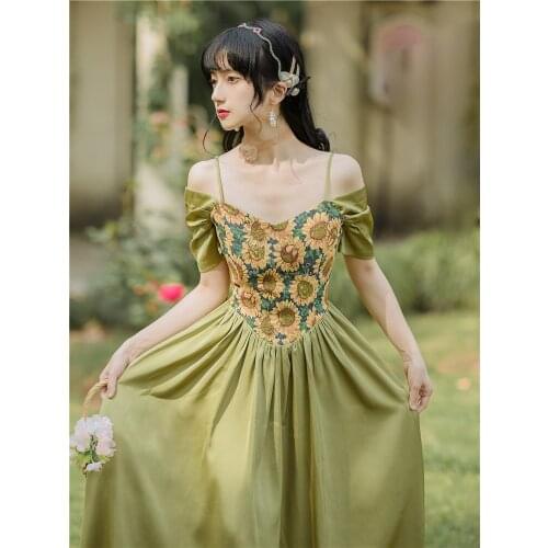 Womens Strapless Sexy Chic Retro Summer Sunflower Embroidery Dress Fashion Elegant Fairy Temperament Party Dress Vestidos