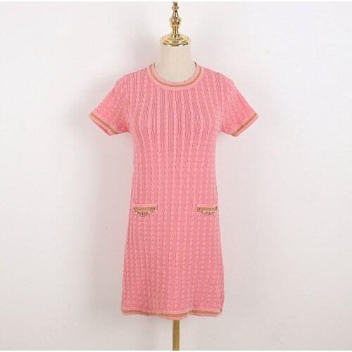 Ladies Pink Elegant Dress Chic Chain Pocket Twist Knit A-Line Hedging Sweet Dress 2021 New Mini Brand Design Dress