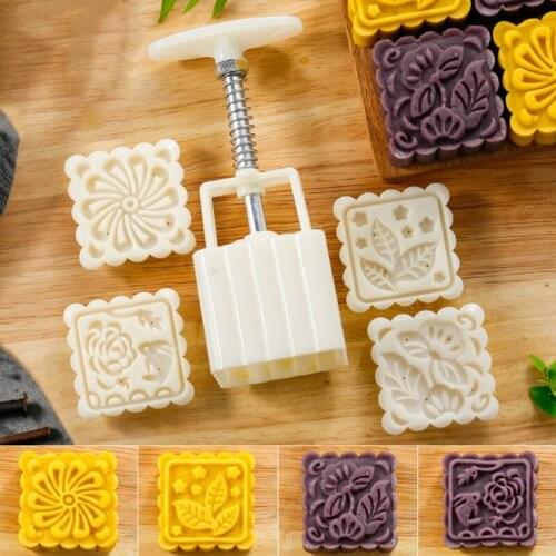 1 set 4 Flower Stamps Moon Cake Decor Mould Pastry Square Mooncake Mold Tool 75g White New Hot 2018