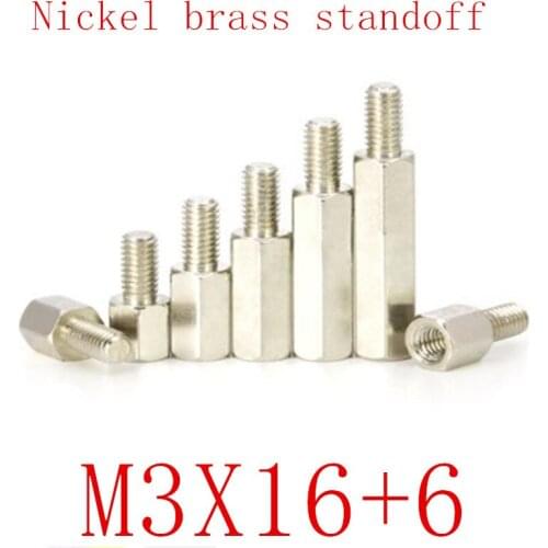 100PCS m3x16+6 Male to Female nickel Brass Standoff Spacer M3 Hexagonal Stud Spacer Pillars
