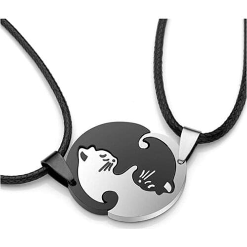 2pcs/set Friendship Jewelry Couples Gifts Set of 2 Yin Yang Cat Pendants Necklace in Stainless Steel Cat Couple Pendants#W30