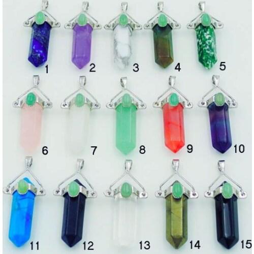 Amethys t/Turquois e/Pyrite Hexagon Pillar Points Pendants Stones Glued With Copper Swing Caps Of Plating Platina Approx 45*8 mm