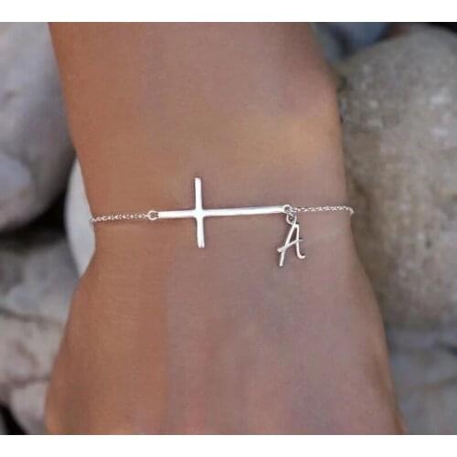 Sideways Cross Bracelet with Dainty Initial - Initial Bracelet In Silver Plated