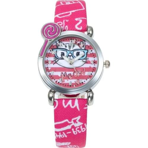 Hot Popular Cute Girl Ladies Watch Kids Watches Cat Leather Quartz Student Animal Cartoon Children Wristwatch 6 Colors Clock