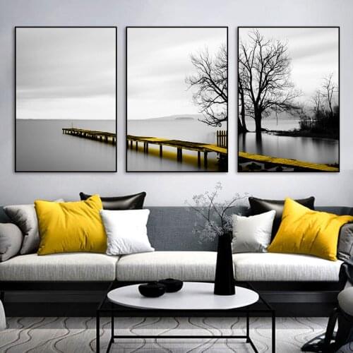 Black and White Calm Lake Bridge Tree Scene Painting Pictures Self-adhesive Wall Stickers Wall Art Prints Poster Home Decoration