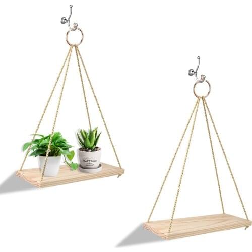Plant Flower Pot Tray Children Bedroom Rack Shelve Wooden Rope Swing Wall Hanging Wall Shelf Sundries Storage Home Decor