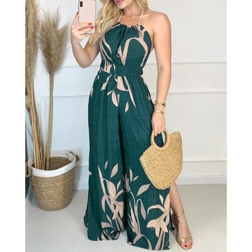 Elegant Summer Holiday Seeveless Print High Waist Slit Halter Wide Leg Womens Sexy Jumpsuits Casual Long Pants One Piece Romper