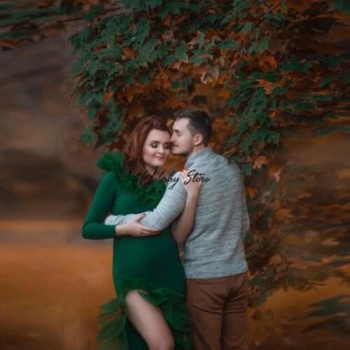 Emerald Green One Shoulder Stretchy Spandex Fabric Mermaid Maternity Dresses 2021 Women Sexy Side High Slit Ruffles Tulle Dress