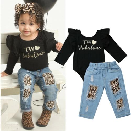 PUDCOCO Toddler Kids Baby Girls Fashion Clothes Long Sleeve Ruffle Tops Romper Denim Pants Outfits Set 1-6Y