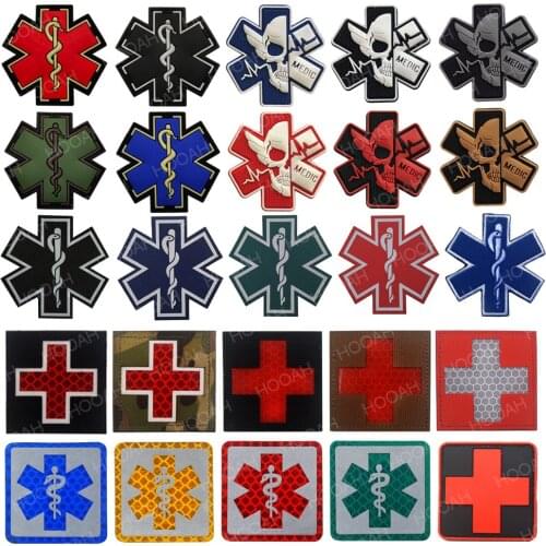 Medical Reflective Patches Medic Rubber 3D PVC Paramedic Tactical Badge Red Cross Emergency Rescue Embroidered Patches