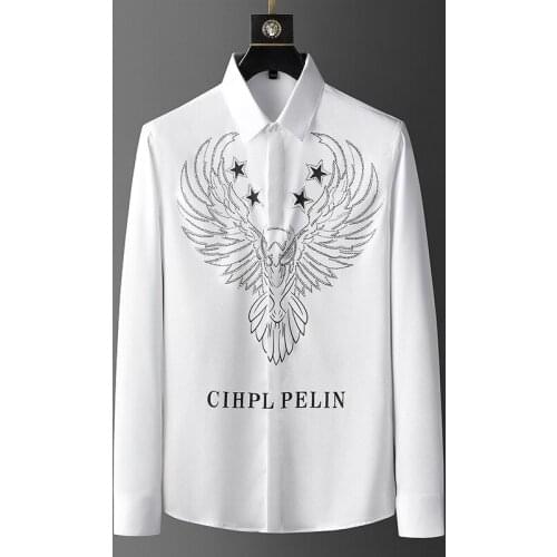 Mens Long-Sleeved Shirt Animal Bird Print Shirt Fashion Casual Hot Rhinestone Mens Shirt