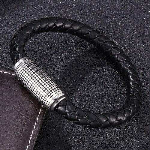 Simple 8MM Black Braided Leather Bracelet Men Jewelry Personality Stainless Steel Magnetic Clasp Male Bangles Gifts