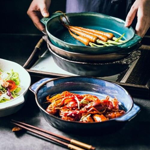 Creative Ceramic Binaural Baking Pan Japanese Large Capacity Oval Plate Breakfast Salad Fruit Plate Household Kitchen Tableware