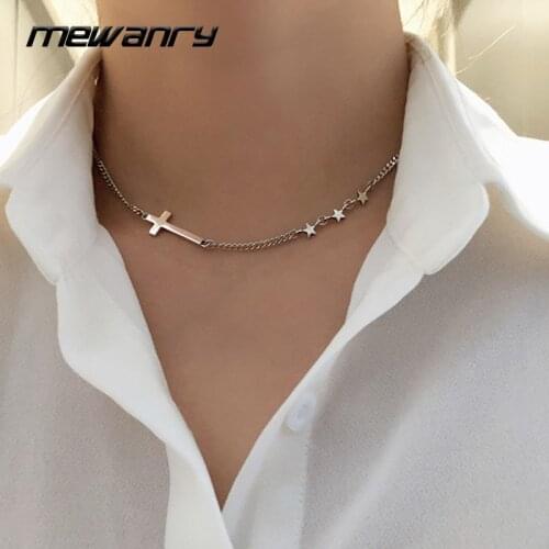 Mewanry 925 Sterling Silver Necklace New Fashion Simple Design Personality Cross Design Holiday Party Jewelry Gift for Women
