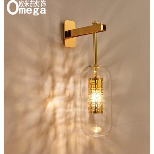 Nordic post-modern light luxury wrought iron glass wall lamp living room bedroom bedside restaurant lantern creative wall lamp