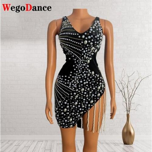 Sexy Rhinestone Pearls Velvet Party Prom Women Sleeveless Backless Bodycon Dress Tassel Latin Dance Short Stage Wear
