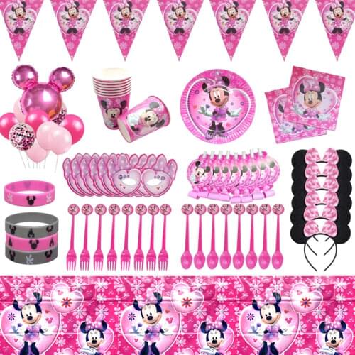 Disney Minnie Mouse Theme Kids Girl Birthday Party Decoration Disposable Tableware Set Cup Plate Napkins Pennant balloon favor