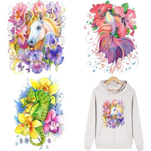 Iron on Stickers Animals Flower Heat Transfer Horse Fish Printed Patches for Clothes T-Shirt DIY Appliques Washable Parches Ropa