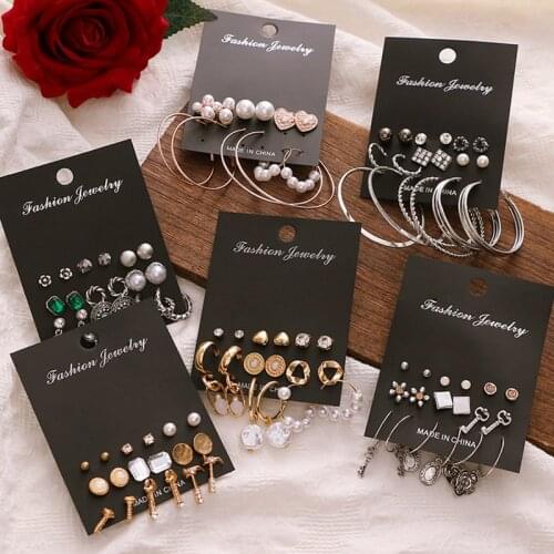 VKME 9Pcs /Set Vintage Pearl Dangle Earrings Set For Women Fashion Hoop Crystal Drop Earings Bohemian Stud Earring 2021 Jewelry