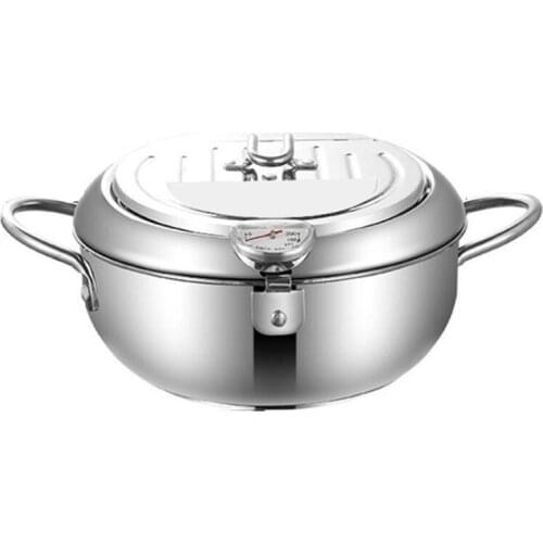 Japanese Deep Frying Pot with A Thermometer and A Lid 201 Stainless Steel Kitchen Tempura Fryer Pan 24 cm