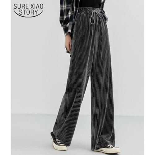 Mujer Pantalones 2021 Autumn Winter Thicken Corduroy Wide Leg Pants High Waist Loose Slimming Straight Solid Womens Pants 11179
