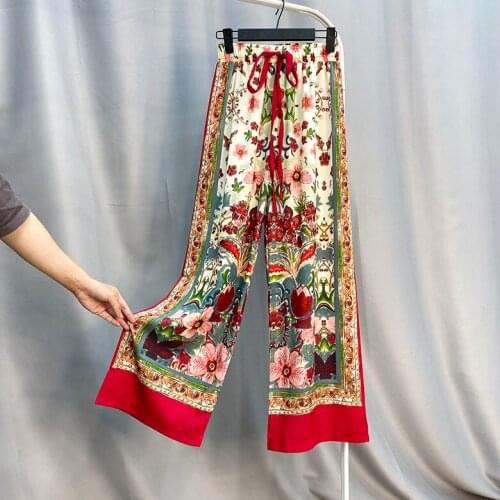 Bohe women floral pants summer woman holiday beach pants femme floral wide leg pants