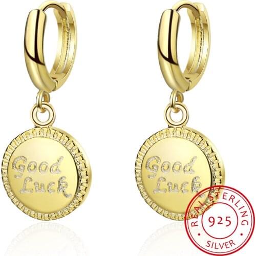 925 Sterling Silver Gold Color Gold Lucky Letter Alphabet Tag Drop Earrings for Women Fashion Silver Earrings Jewelry