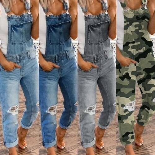 Women Denim Bib Overalls Jeans Jumpsuits and Rompers Ladies Ripped Hole Casual Long Playsuit Pockets Jumpsuit