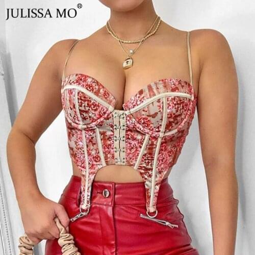 Julissa Mo Spaghetti Strap Floral Print Women Tops Summer Sleeveless Backless Coset Top Sexy Patchwork Streetwear Female Camis