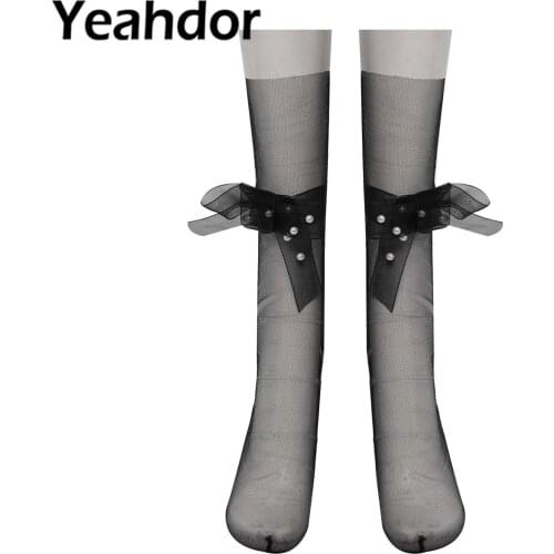 1 Pair Women Ultra Thin Tulle Socks Ladies Net Socks Semi See Through Long Socks with Pearl Straps Elastic Hosiery Bowtie Socks