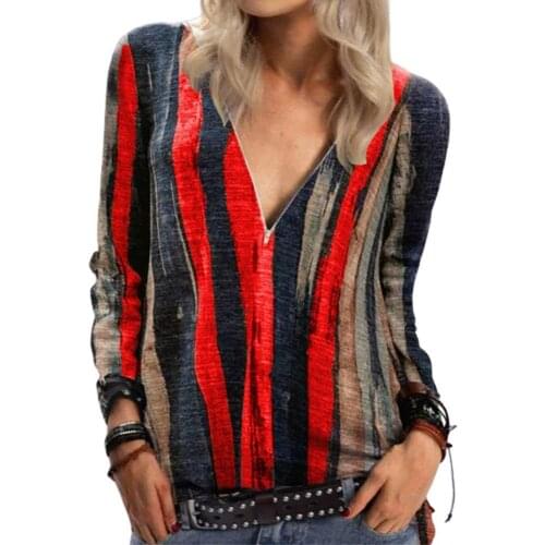 2021 Spring Autumn Blouse Women Fashion V-Neck Long Sleeve Zip Neckline Vertical Stripes Tie Dye Plus Size Blouses Shirt