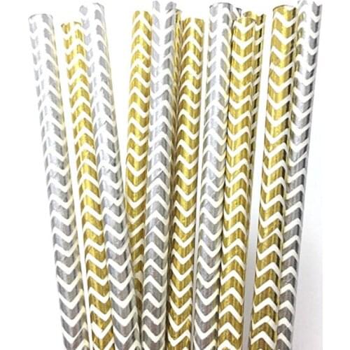 25pcs/lot Foil Gold Silver Chevron Paper Straws For Birthday Wedding Baby Shower Drinking Straws Decorative Party Supplies