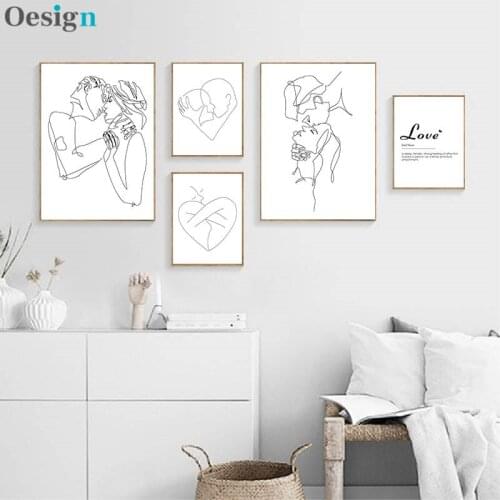 Line Drawing Couple Kiss Abstract Poster Wall Art Canvas Print Black White Simple Painting Decorative Picture Modern Home Decor