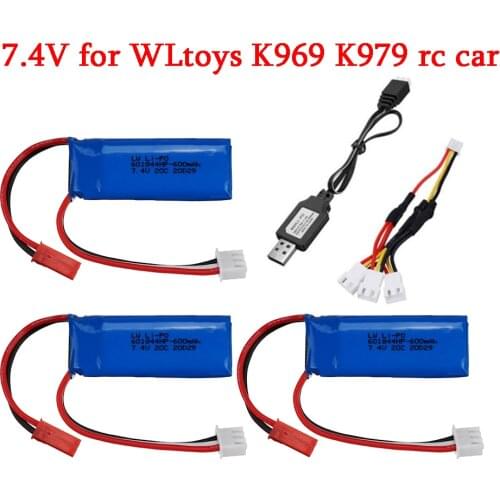 Upgrade 7.4V 600mAh 601844 Lipo Battery for WLtoys K969 K979 K989 K999 P929 P939 RC Car Parts 2s 7.4v Battery with USB charger